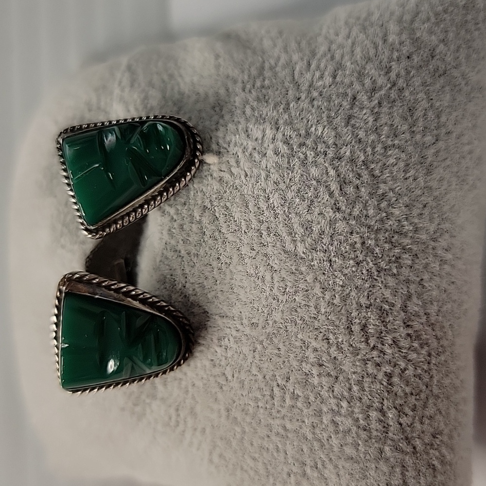 Mayan Warrior cufflinks Green carved Mexico 925 stamped vintage